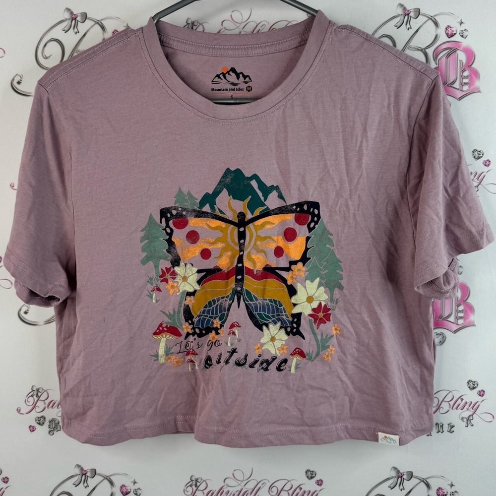 Mountain and isles cropped top let’s go outside mushroom Graphic Purple Crop Top
